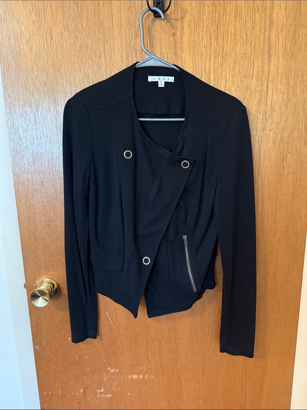 CAbi Black Asymmetrical Blazer with Grommet and Zip Details